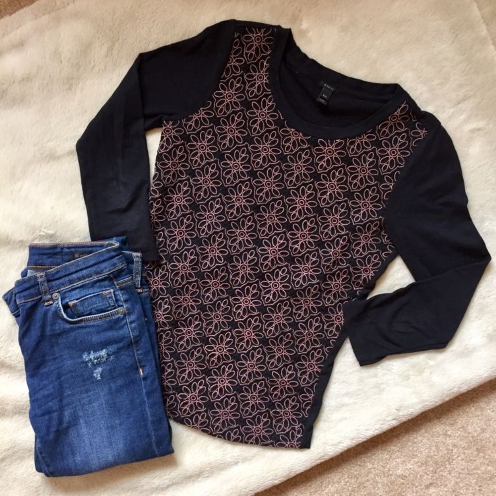 J Crew Black and Pink Embroidered Top